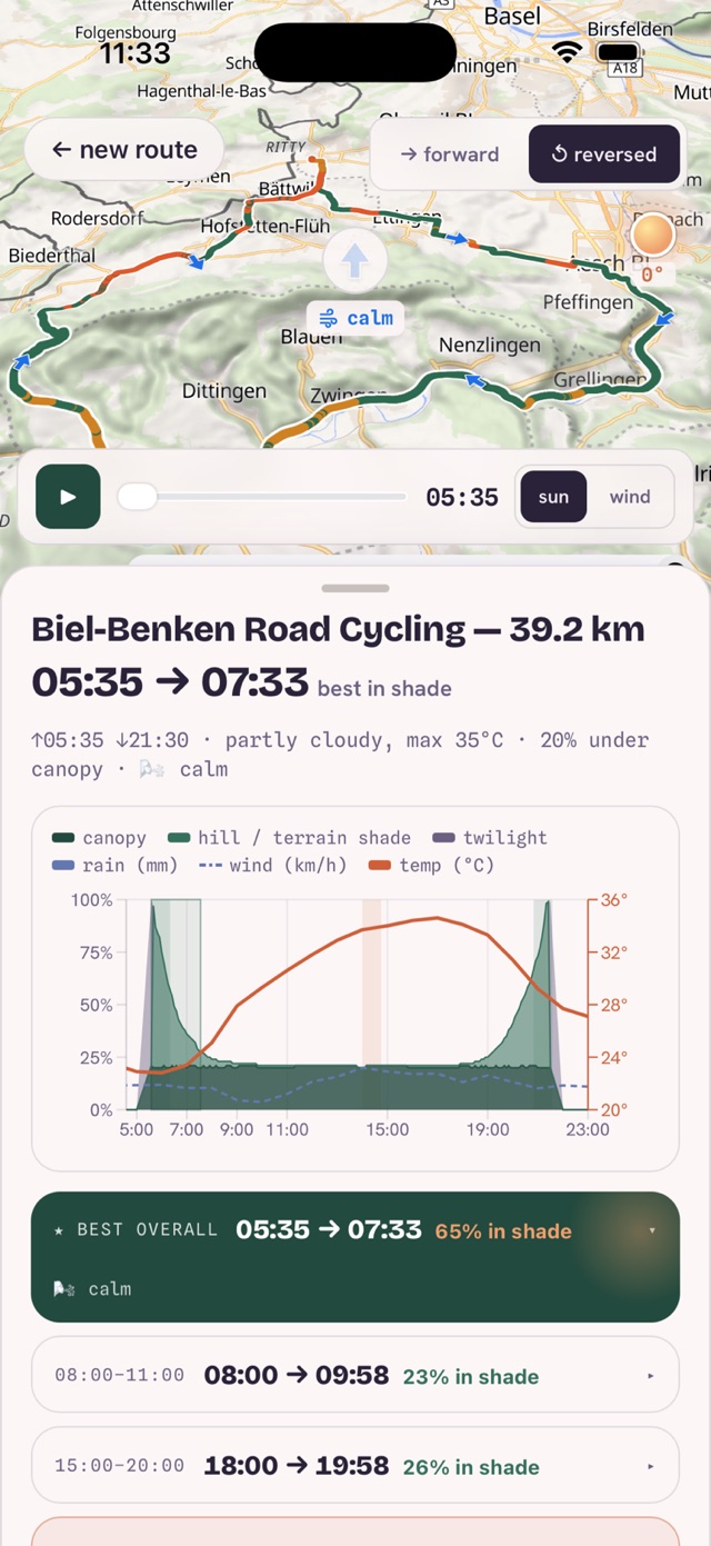 Route analysis with best-in-shade window and day chart of canopy, terrain shade, temperature and wind