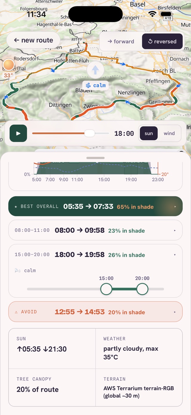 Ranked time windows: best overall 65% in shade, alternatives, and a midday window marked avoid